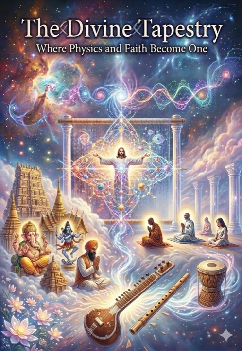 The cover of The Divine Tapestry: a woven loom of light among the stars, with temples, prayer and music from many traditions.